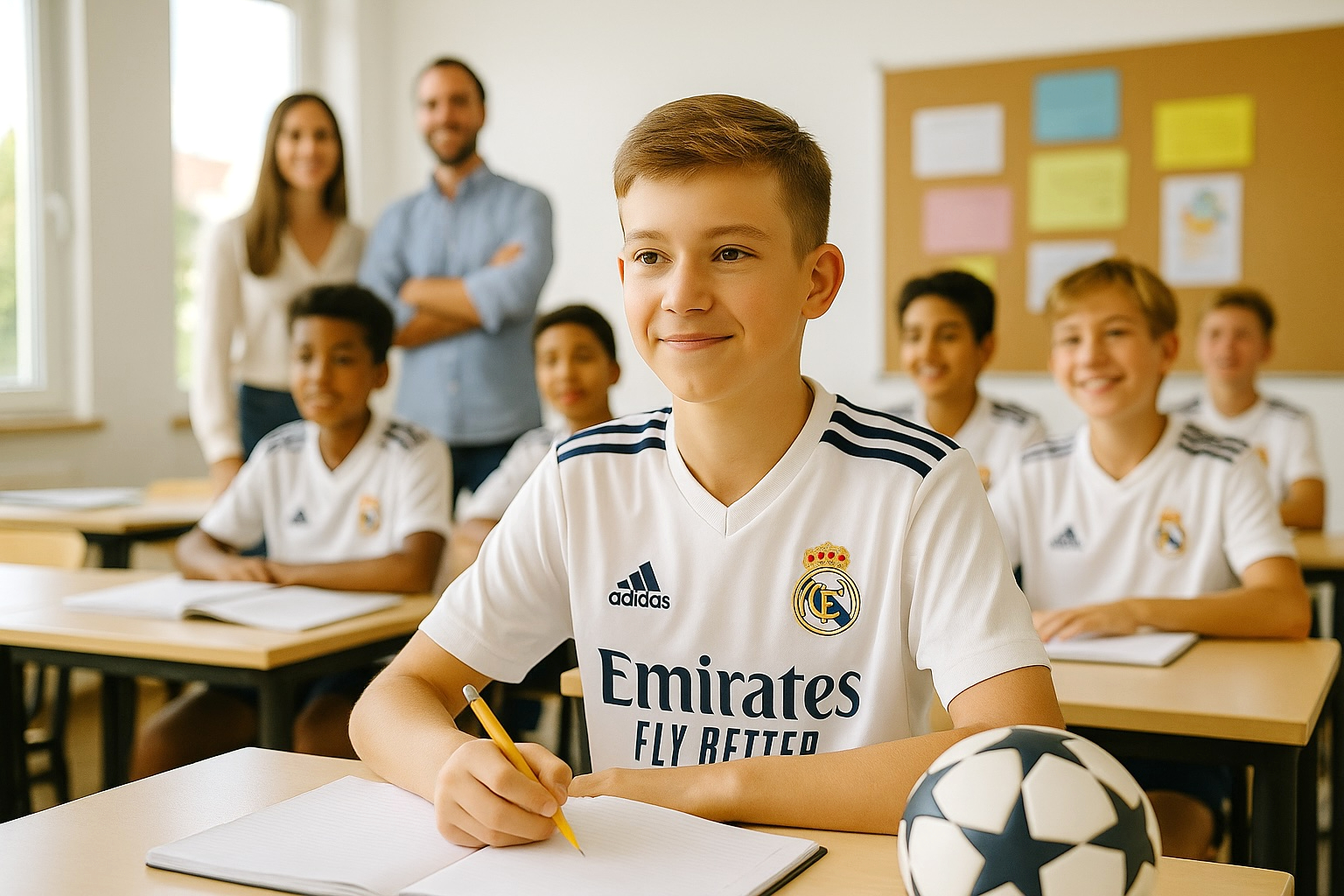 Student in football uniform studying